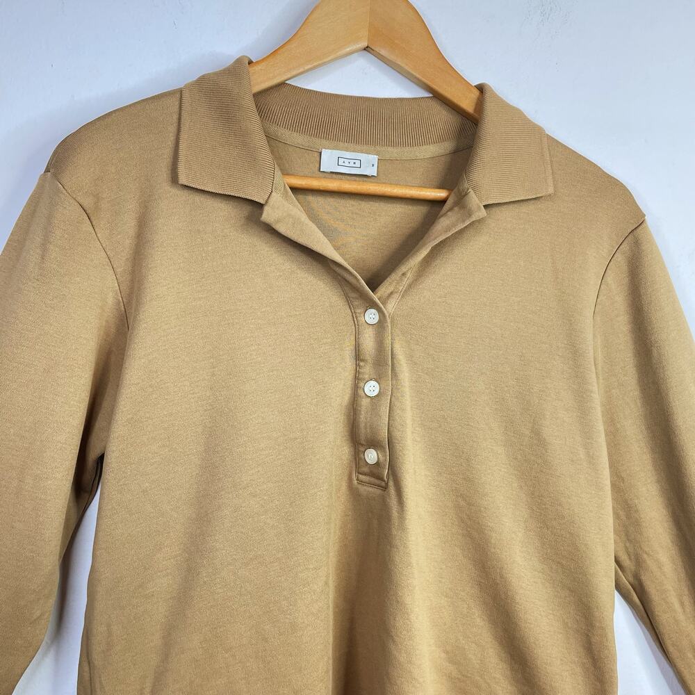 AYR Franny Pima Cotton Knit Classic Polo Shirt Top Camel Tan Chipwich Womens M - Picture 6 of 12